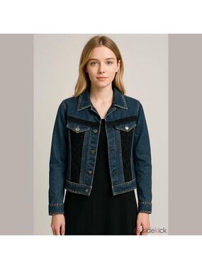 Vintage Denim Studded Jean Jacket Black Lace 90s classic festival Denim Jacket